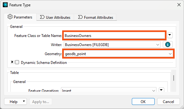 Geodatabase writer feature type parameters