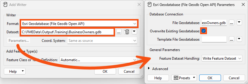 Esri Geodatabase writer parameters