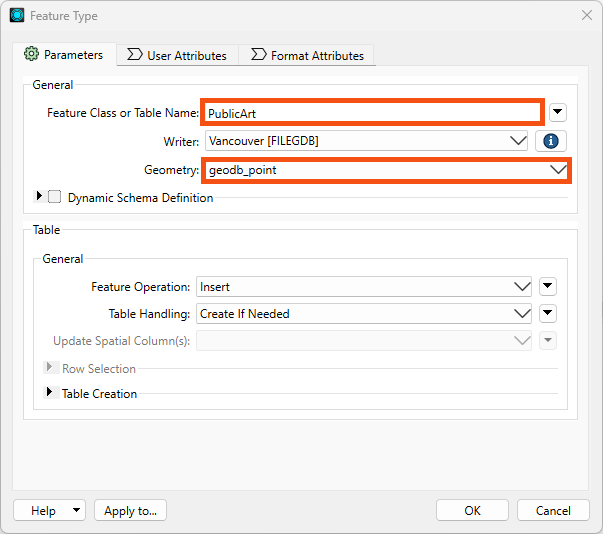 Changing parameters for writer feature type