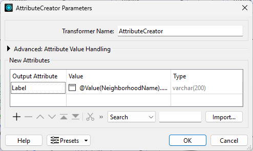 AttributeCreator parameters filled out