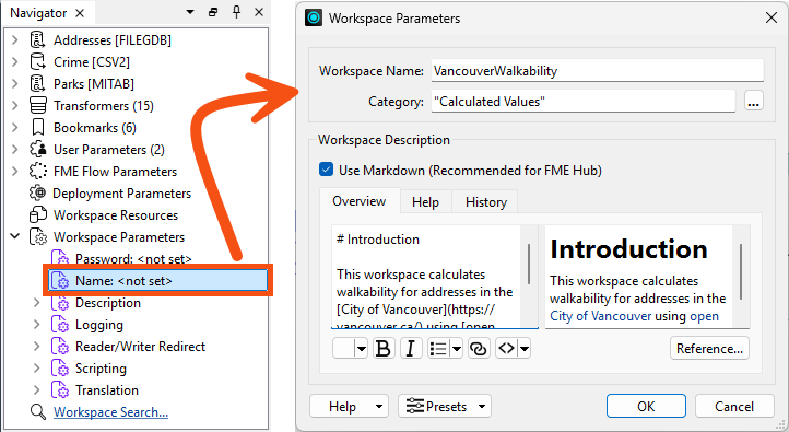 Setting workspace name and other metadata