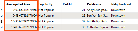 AverageParkArea in Table View