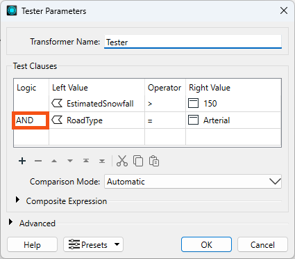 Tester Parameters with example clauses connected by an AND