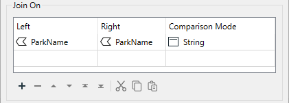 Join On parameter set to ParkName for both Left and Right and the Comparison Mode set to String