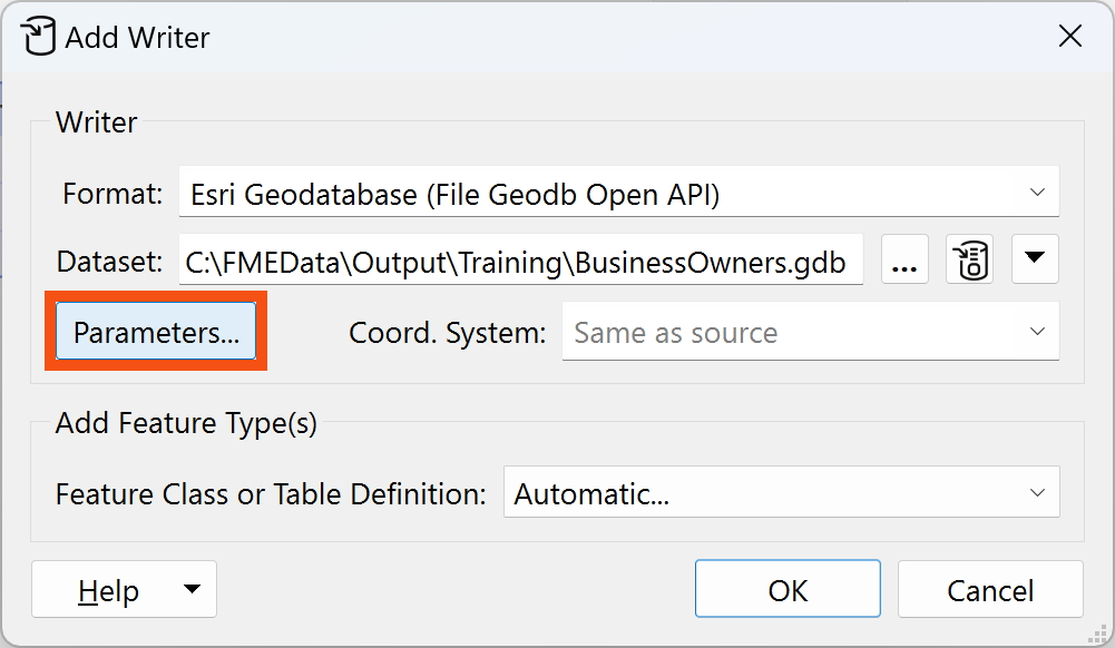 Parameters button