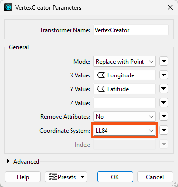 Setting Coordinate System in the VertexCreator
