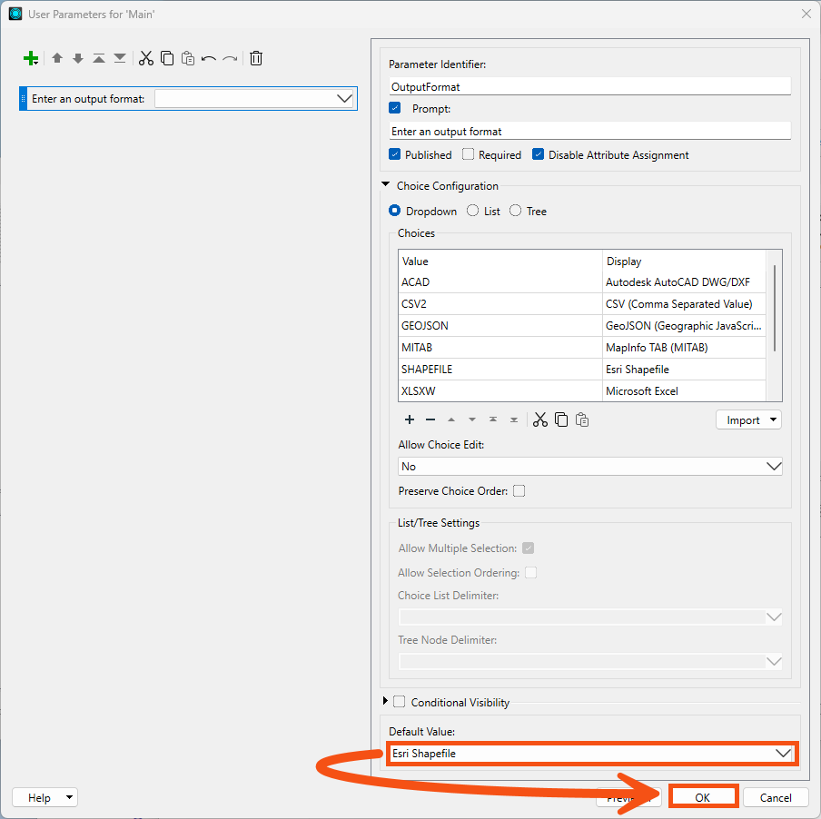 Selecting default and clicking OK to create the user parameter