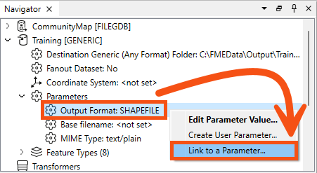 Linking a user parameter to an FME parameter in the Navigator