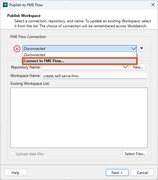 Connect to FME Flow drop-down option
