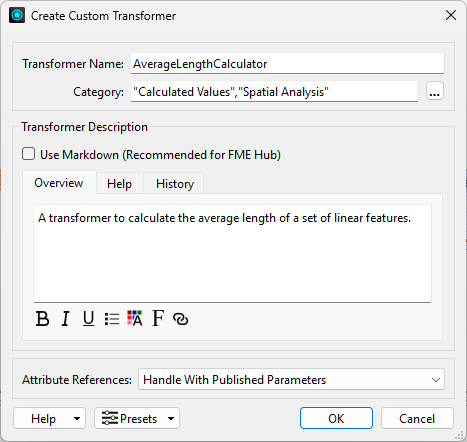 Filling out the Create Custom Transformer dialog