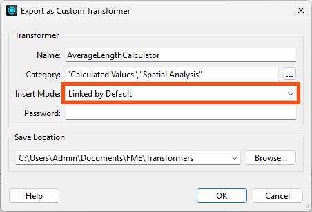 Filling out the dialog to export the custom transformer