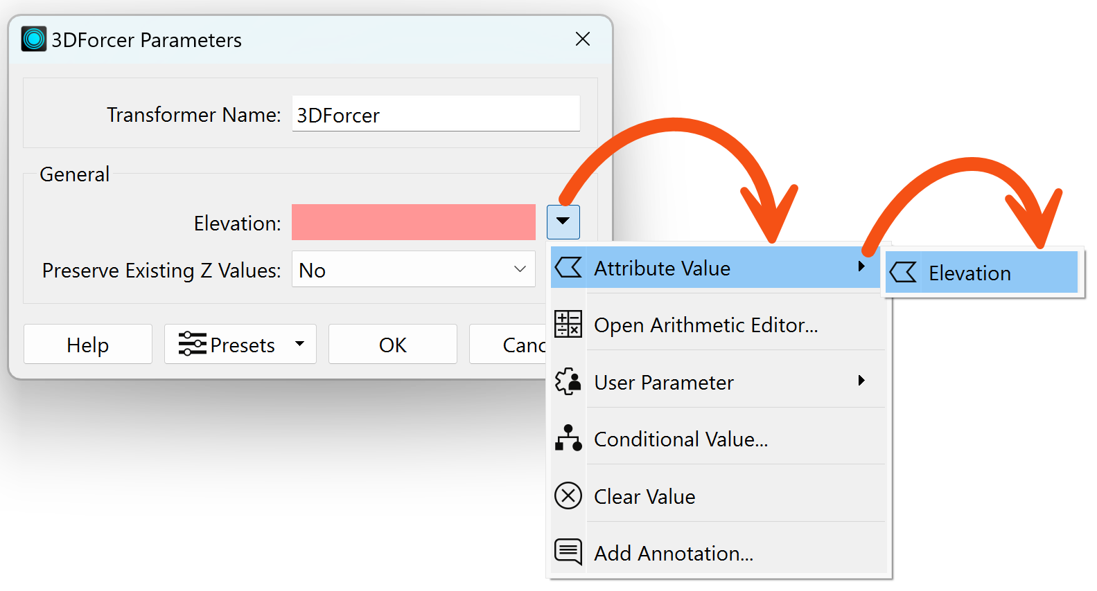 Assigning an attribute to provide values to a transformer parameter