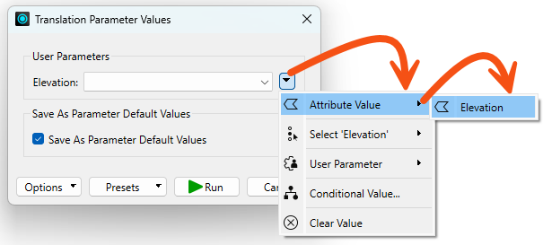 Assigning an attribute to provide values to a user parameter