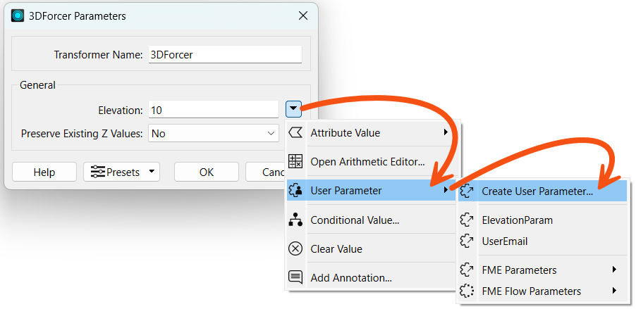 Creating a user parameter from a transformer parameter