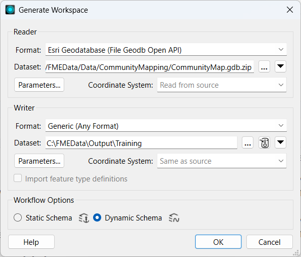 Generate Workspace dialog configured for a dynamic translation