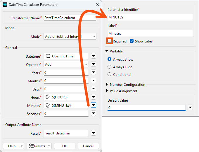 Viewing the Required checkbox when creating a new user parameter