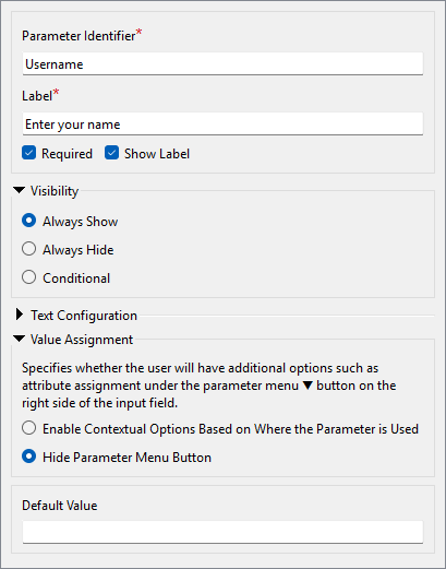 Adding a Text user parameter for Username