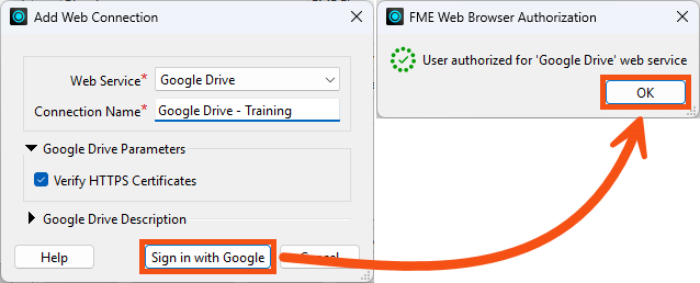Add Web Connection dialog with the Sign in with Google button highlighted.