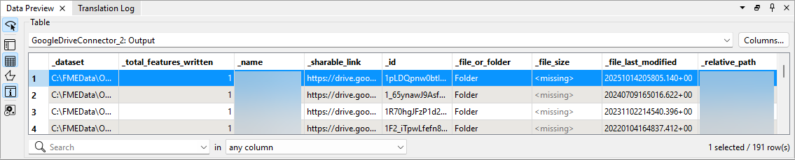 GoogleDriveConnector results in Data Preview showing successfully listed contents