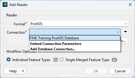 Reader dialog with a named database connection selected from the Connection drop-down.