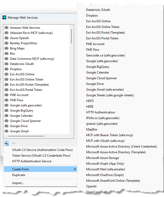 Manage Web Services dialog with the Create From templates list expanded, showing common cloud service templates.