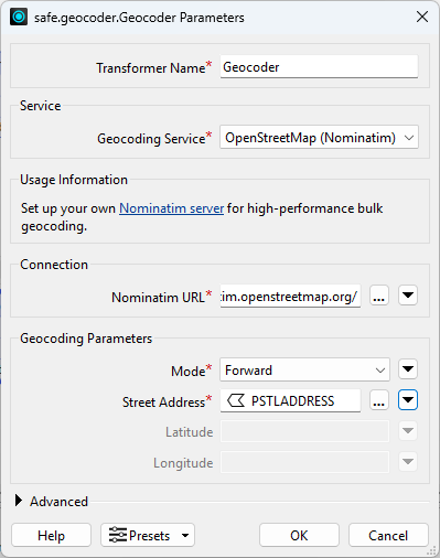 Geocoder transformer parameters