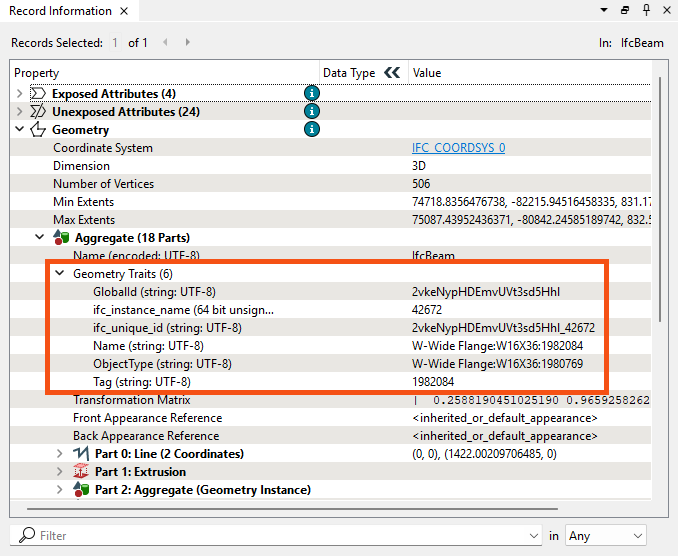 Geometry traits from an IFC reader, viewed in Record Information Window