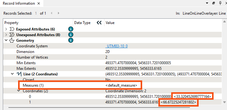 Measures on a feature in the Record Information Window