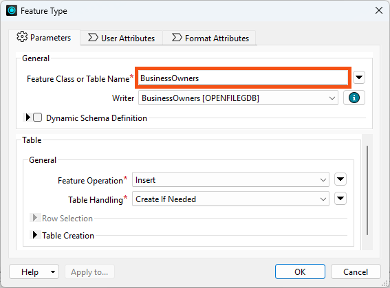Geodatabase writer feature type Feature Class or Table Name