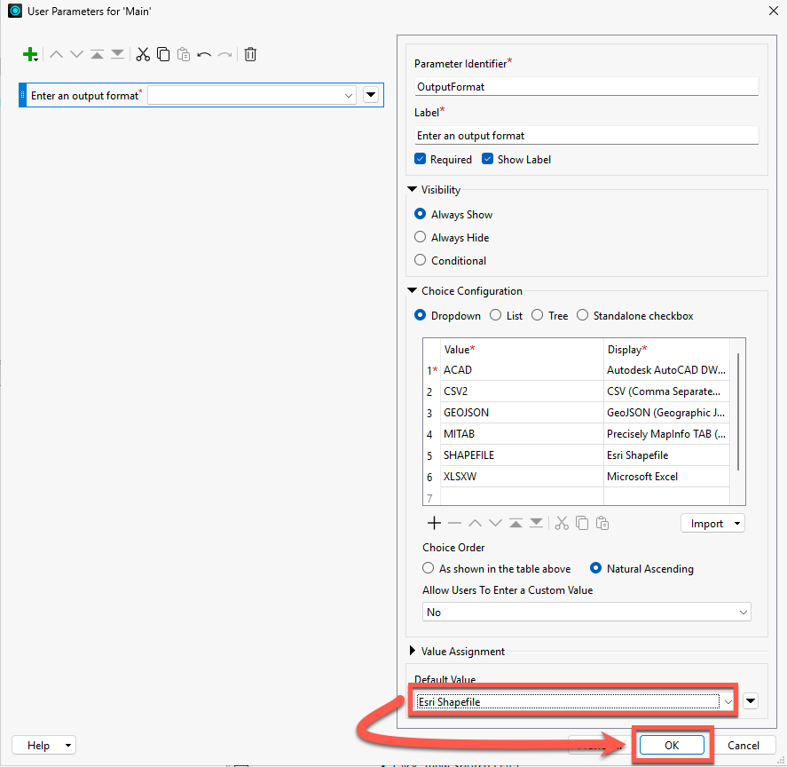 Selecting default and clicking OK to create the user parameter