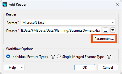 Add Reader dialog - Parameters button
