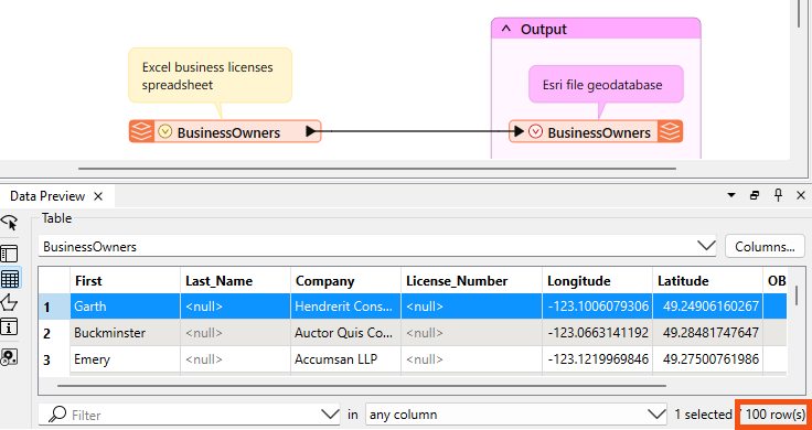 Viewing feature count in Data Preview's Table View
