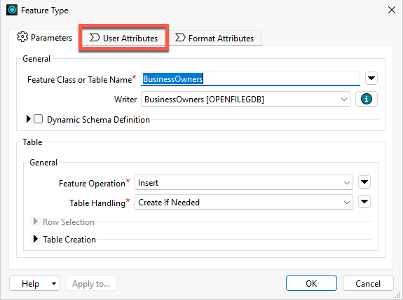 User Attributes tab