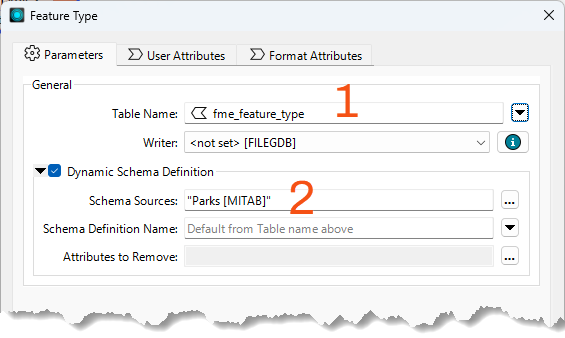The various elements of schema on a writer feature type