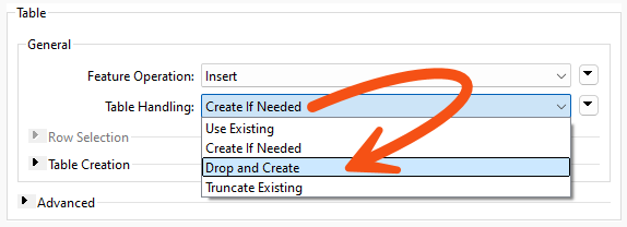 Database writer feature type Table Handling parameter.