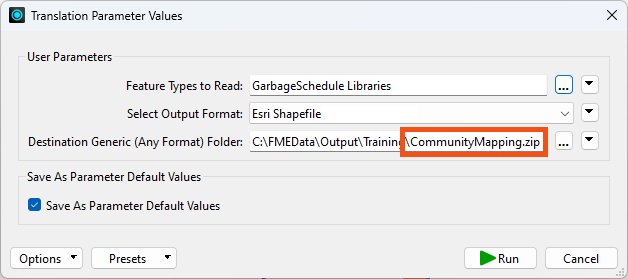 Setting the Destination parameter to write a zipped file